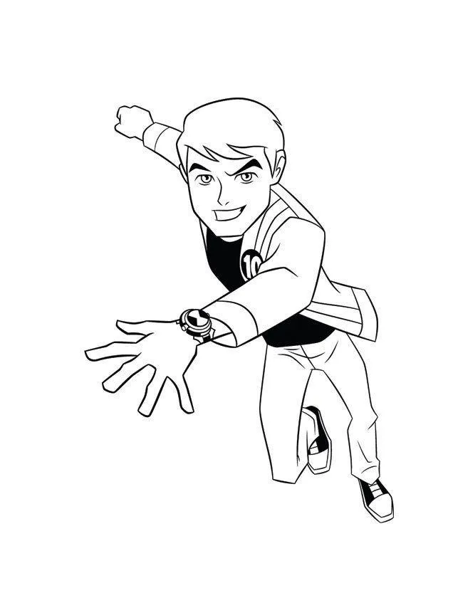 Desenho de contorno do Ben 10 adolescente saltando para frente, com a mão esquerda estendida mostrando o Omnitrix e a mão direita fechada em punho.