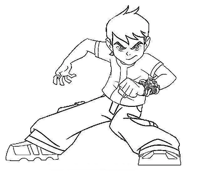 Desenho de contorno do Ben 10 clássico agachado em posição de ataque, com a mão direita no Omnitrix e olhar determinado.