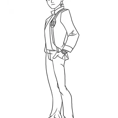 Desenho de contorno do Ben 10 adolescente, em pé, vestindo jaqueta com o número 10 no peito e o relógio Omnitrix no pulso.