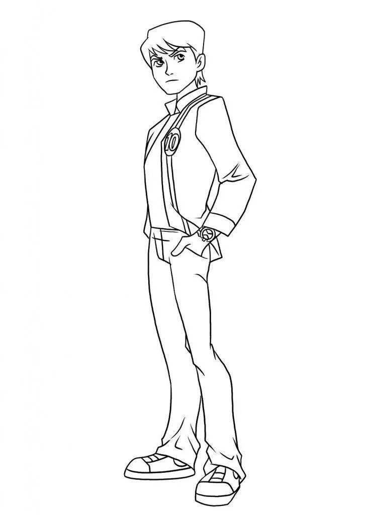 Desenho de contorno do Ben 10 adolescente, em pé, vestindo jaqueta com o número 10 no peito e o relógio Omnitrix no pulso.