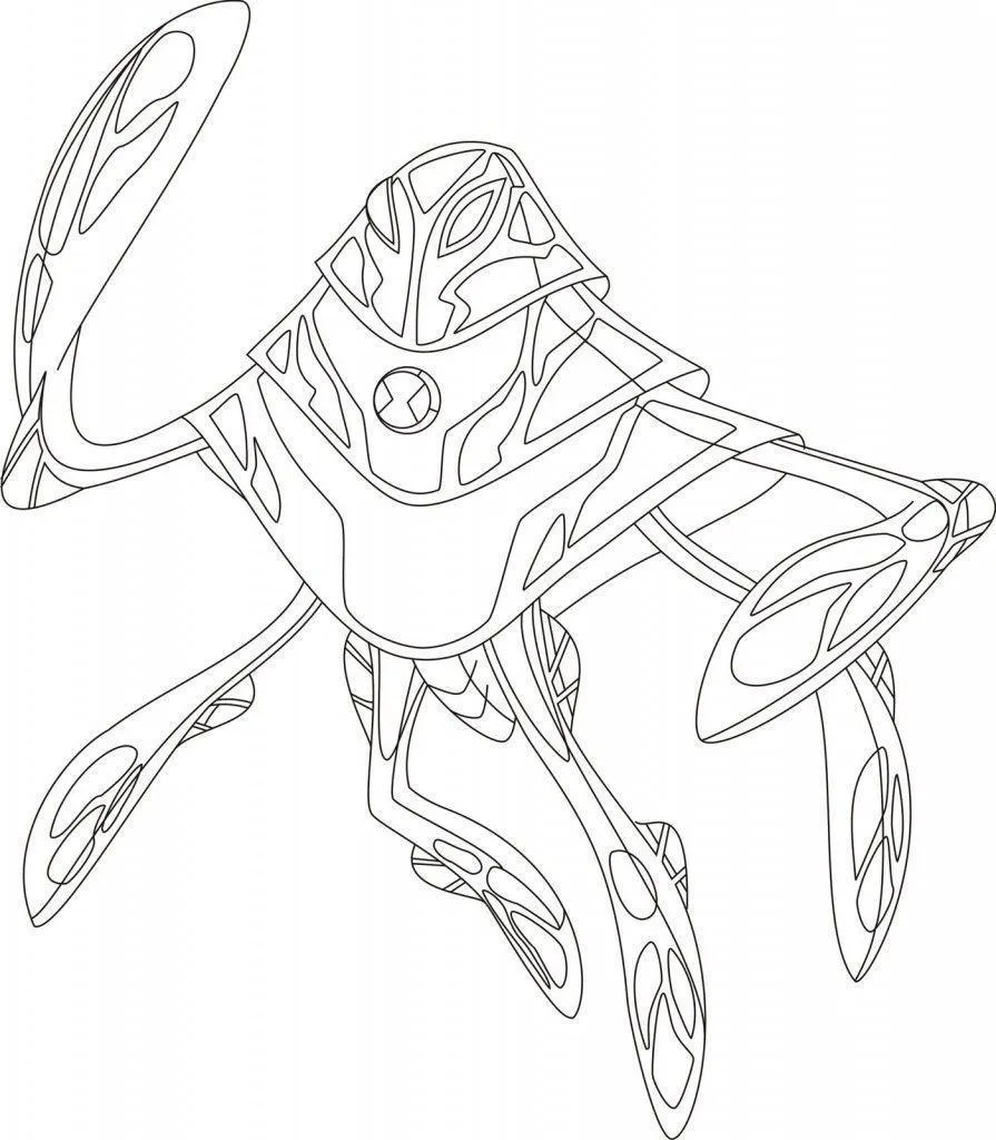 Desenho de contorno do alienígena Anfíbio do Ben 10, com corpo flutuante, quatro tentáculos longos e o símbolo do Omnitrix no centro do peito.