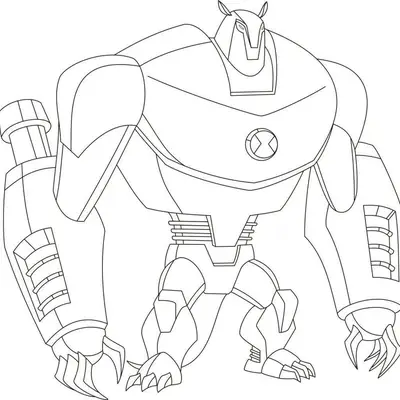 Desenho de contorno do alienígena Armatu do Ben 10, com corpo robótico maciço, braços de broca e o símbolo do Omnitrix no peito.