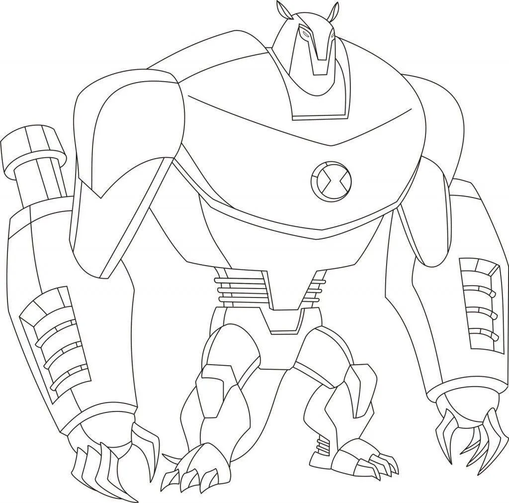 Desenho de contorno do alienígena Armatu do Ben 10, com corpo robótico maciço, braços de broca e o símbolo do Omnitrix no peito.