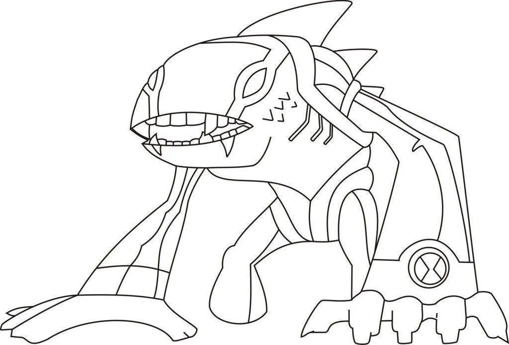 Desenho de contorno do alienígena Artrópode do Ben 10, com sua grande cabeça cerebral aberta, garras frontais e o símbolo do Omnitrix no cinto.