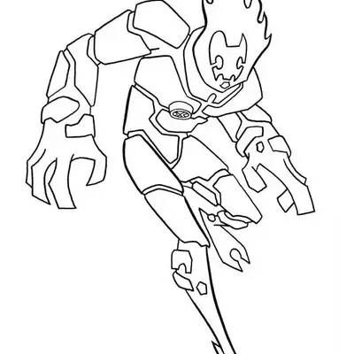 Desenho de contorno do alienígena Chama do Ben 10, com corpo feito de placas de rocha e chamas saindo da cabeça, em posição de ataque.