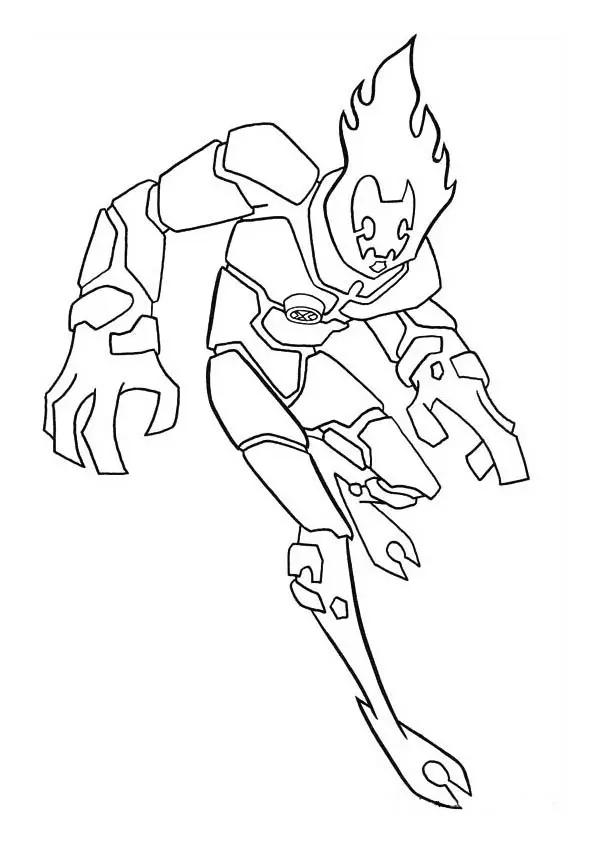 Desenho de contorno do alienígena Chama do Ben 10, com corpo feito de placas de rocha e chamas saindo da cabeça, em posição de ataque.