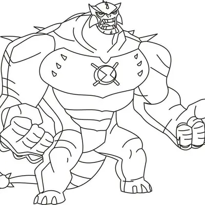 Desenho de contorno do alienígena Enormossauro de Ben 10, com corpo musculoso, placas de pele e uma cauda com ponta de espinhos.