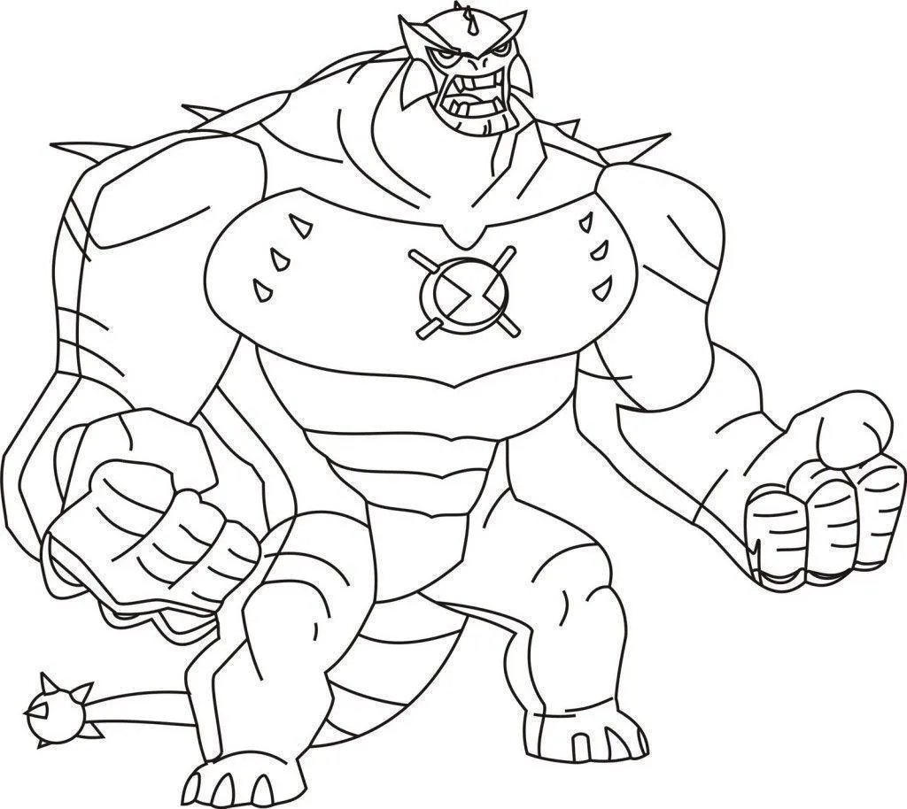 Desenho de contorno do alienígena Enormossauro de Ben 10, com corpo musculoso, placas de pele e uma cauda com ponta de espinhos.