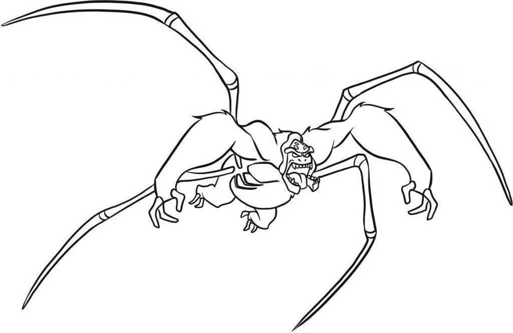 Desenho de contorno do alienígena Macaco-Aranha do Ben 10, com corpo de macaco, quatro braços, duas pernas e duas patas extras de aranha saindo das costas.