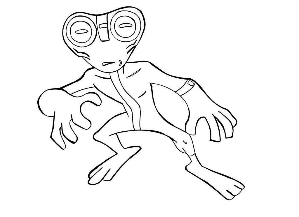 Desenho de contorno do alienígena Massa Cinzenta do Ben 10, um pequeno anfíbio humanoide com olhos grandes e traje de mergulho.