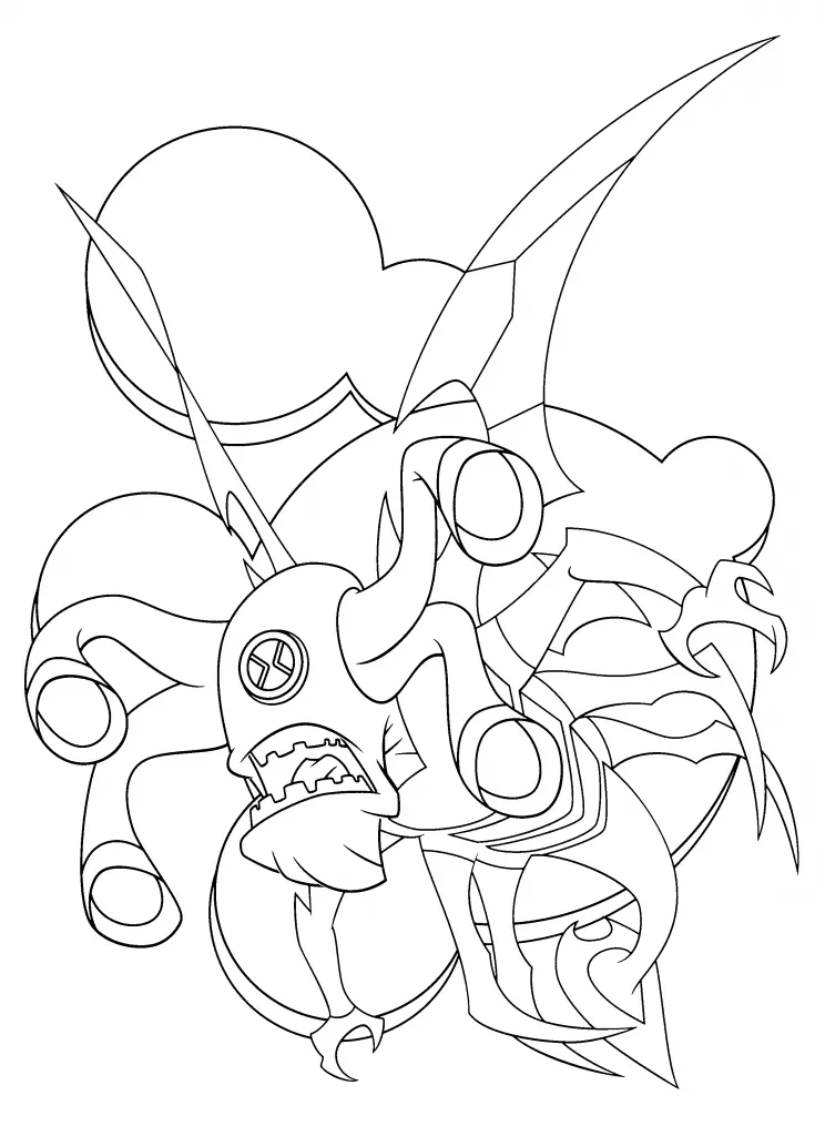 Desenho de contorno do alienígena Olhômetro do Ben 10, com corpo humanoide coberto de olhos, orelhas grandes e o símbolo do Omnitrix no peito.