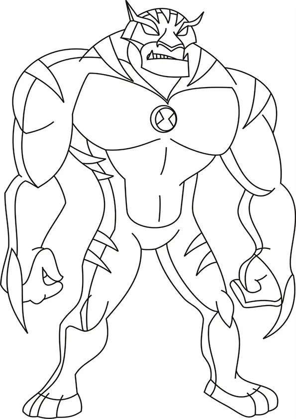 Desenho de contorno do alienígena Rath do Ben 10, um humanoide felino musculoso com listras de tigre e garras grandes saindo dos pulsos.