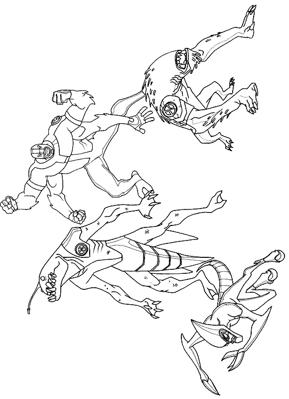 Desenho de contorno mostrando quatro alienígenas do Ben 10: Quatro Braços e Besta no topo, Aquático e XLR8 na parte inferior, todos em poses de ação.