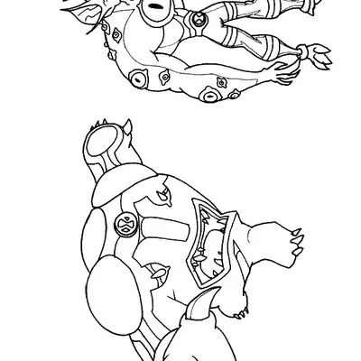 Desenho de contorno para colorir mostrando o alien Olhossauro na parte superior e o alien Bala de Canhão na parte inferior.