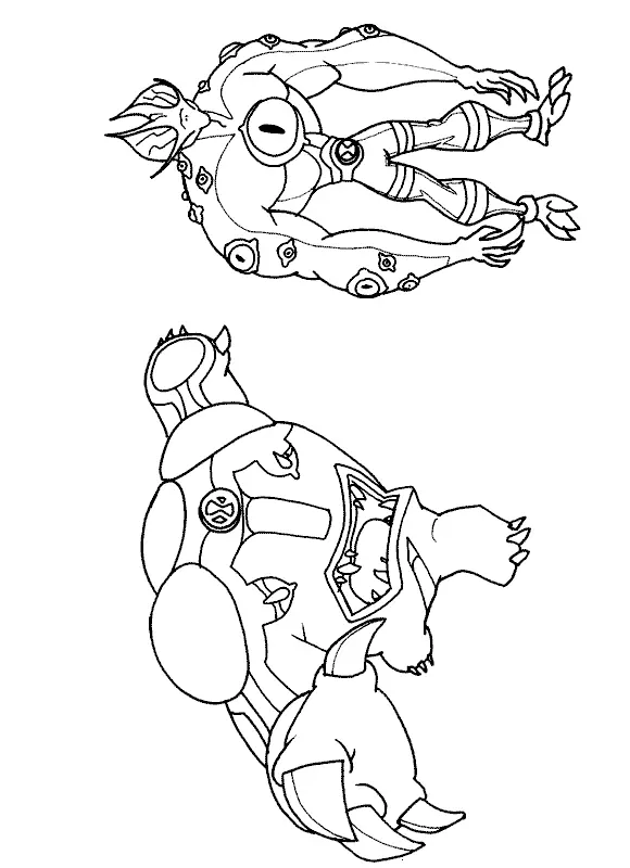 Desenho de contorno para colorir mostrando o alien Olhossauro na parte superior e o alien Bala de Canhão na parte inferior.