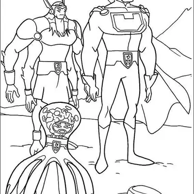 Desenho de contorno de três alienígenas: um Tetramand de quatro braços, um humanoide alto com capa e um pequeno Galvan dentro de um robô mecânico.
