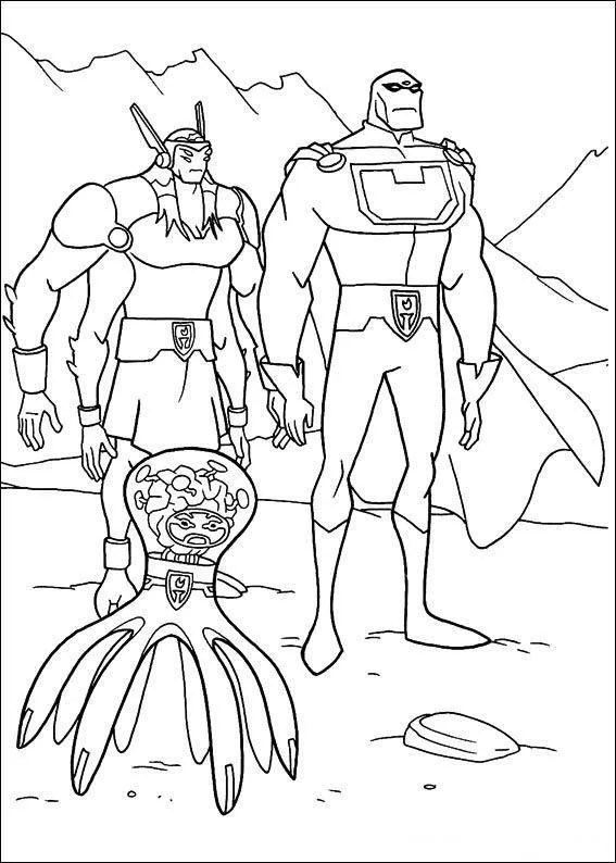Desenho de contorno de três alienígenas: um Tetramand de quatro braços, um humanoide alto com capa e um pequeno Galvan dentro de um robô mecânico.