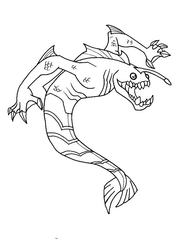 Desenho de contorno do alienígena Aquático do Ben 10, um humanoide peixe com mandíbulas grandes, garras e uma antena luminosa na cabeça.