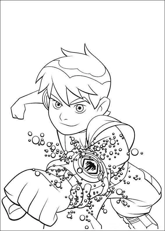 Desenho de contorno do Ben 10 projetando o braço com o Omnitrix para frente, cercado por diversas bolhas de energia saindo do relógio.