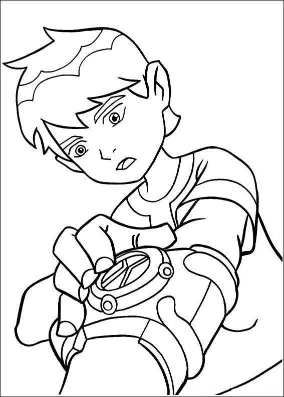 Desenho de contorno em close-up do Ben 10 olhando para o pulso enquanto sua mão toca o disco do Omnitrix para ativá-lo.