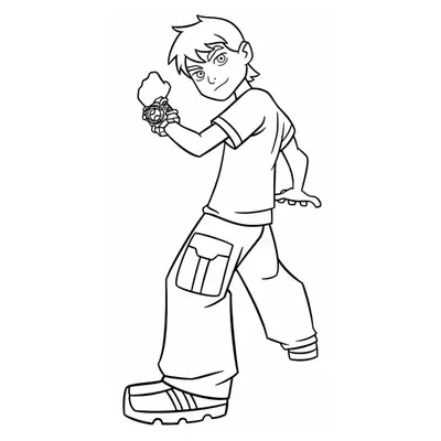 Desenho de contorno do personagem Ben 10 de perfil, olhando para frente e segurando o braço com o relógio Omnitrix em posição de ataque.