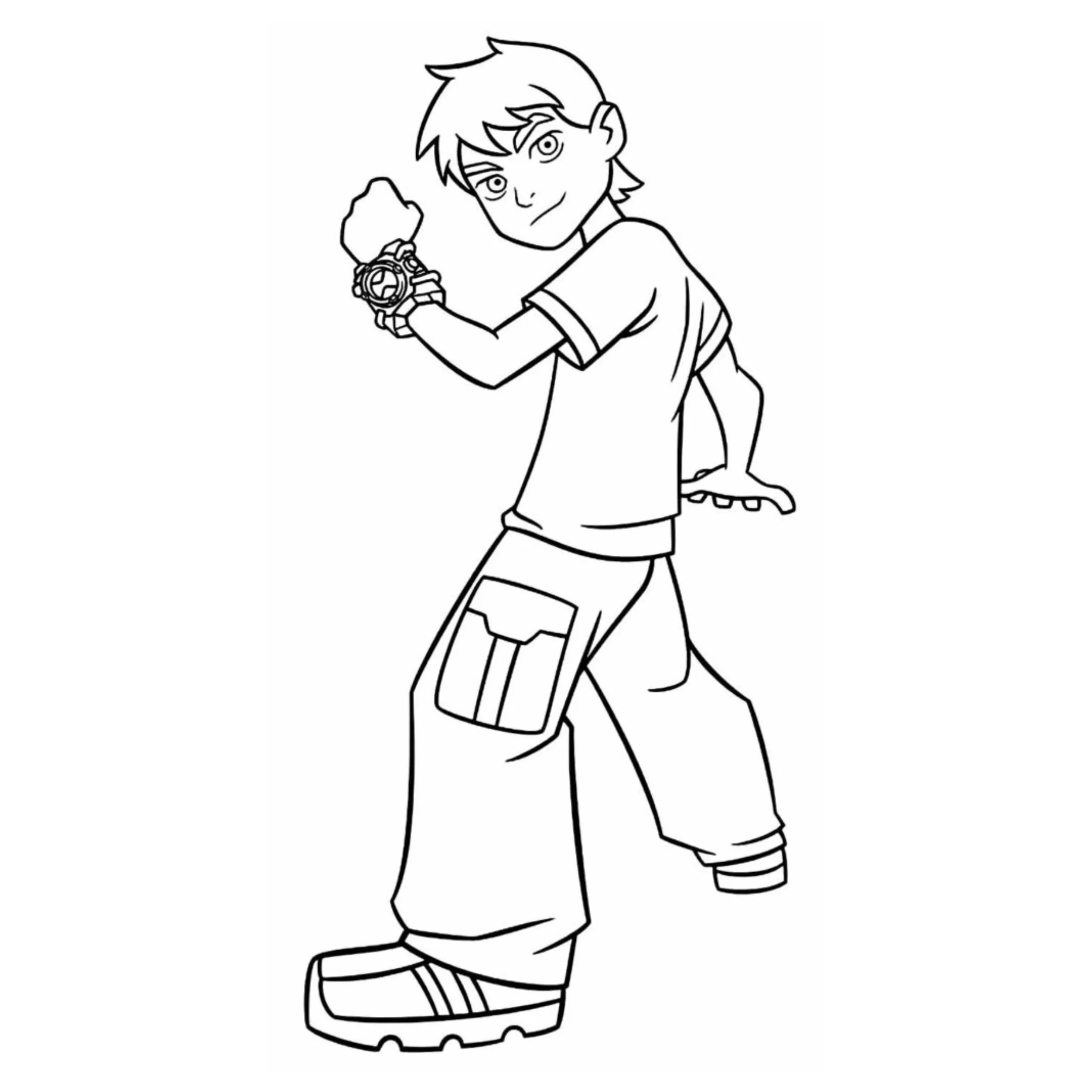 Desenho de contorno do personagem Ben 10 de perfil, olhando para frente e segurando o braço com o relógio Omnitrix em posição de ataque.