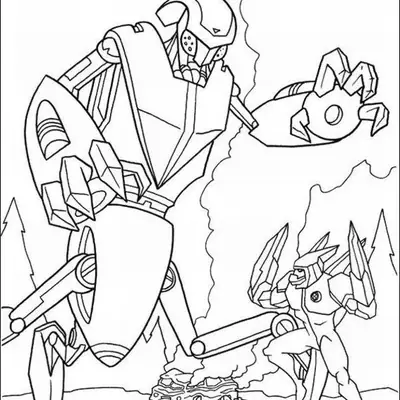 Desenho de contorno do alien Diamante do Ben 10 enfrentando um robô gigante com pernas mecânicas e braços de pinça em um campo de batalha.