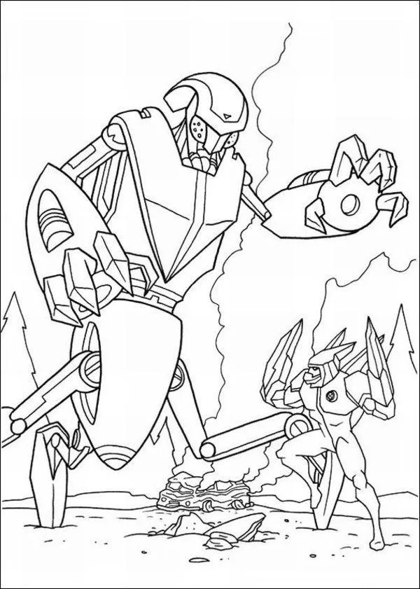 Desenho de contorno do alien Diamante do Ben 10 enfrentando um robô gigante com pernas mecânicas e braços de pinça em um campo de batalha.