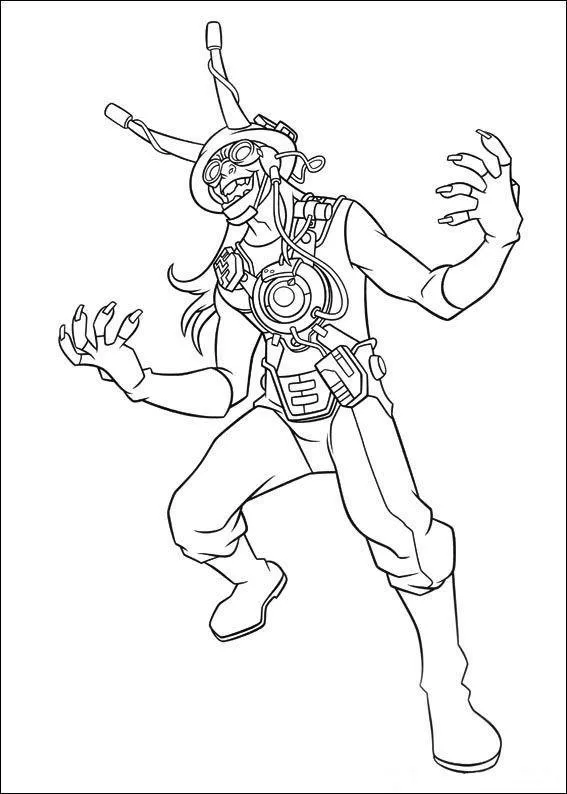 Desenho de contorno do vilão Doutor Animal de Ben 10 em pose de ameaça, usando óculos de proteção, capacete com antenas e peitoral tecnológico.