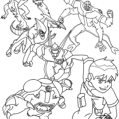 Desenho de contorno do Ben 10 em primeiro plano correndo, seguido pelos alienígenas Quatro Braços, Diamante, Bala de Canhão, Besta e XLR8.