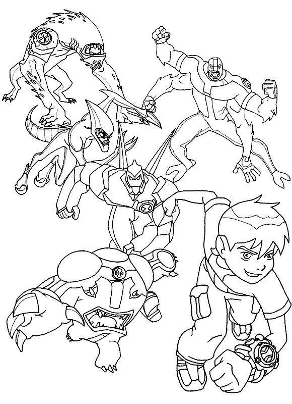 Desenho de contorno do Ben 10 em primeiro plano correndo, seguido pelos alienígenas Quatro Braços, Diamante, Bala de Canhão, Besta e XLR8.