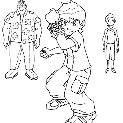 Desenho de contorno do Ben 10 em pose de ataque no centro, com o Vovô Max à esquerda e a Gwen Tennyson à direita ao fundo.