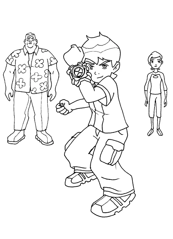 Desenho de contorno do Ben 10 em pose de ataque no centro, com o Vovô Max à esquerda e a Gwen Tennyson à direita ao fundo.