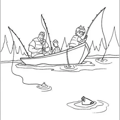Desenho de contorno de Ben 10, Gwen e Vovô Max em um pequeno barco de pesca em um lago, com pinheiros ao fundo e um peixe saltando.
