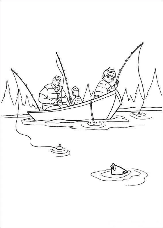 Desenho de contorno de Ben 10, Gwen e Vovô Max em um pequeno barco de pesca em um lago, com pinheiros ao fundo e um peixe saltando.