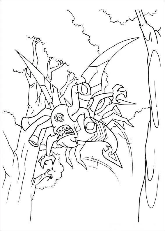 Desenho de contorno do alienígena Insectoide voando entre troncos de árvores em uma floresta, exibindo suas asas e olhos pedunculados.