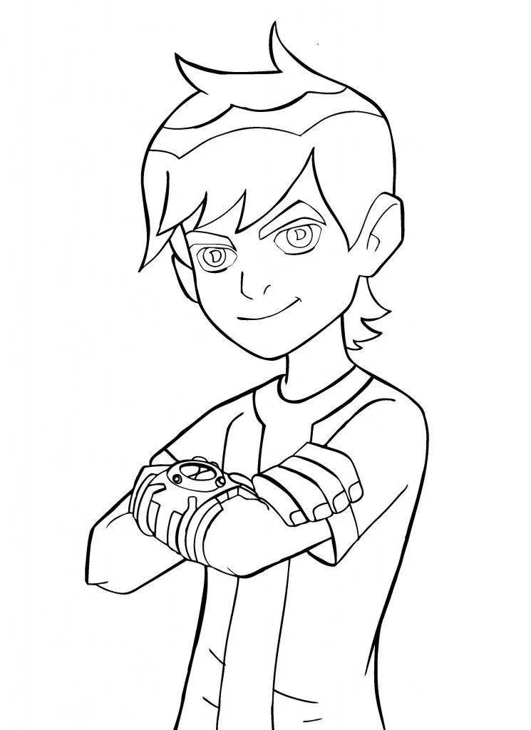 Desenho de contorno do Ben 10 jovem, sorrindo com os braços cruzados, vestindo sua camiseta branca com listra preta e o Omnitrix no pulso.