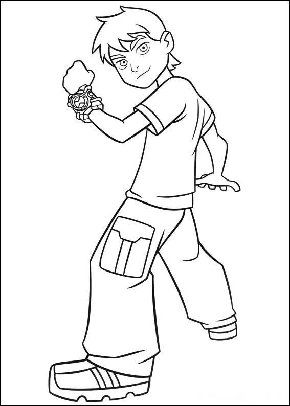 Desenho de contorno do Ben 10 de pé, virado de lado e olhando para frente, levantando o braço para mostrar o relógio Omnitrix.