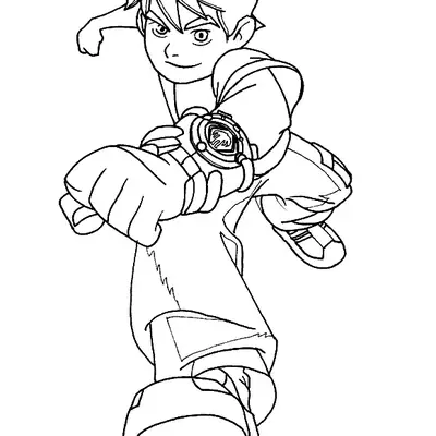 Desenho de contorno do Ben 10 em pose de salto e ataque, projetando o punho à frente e mostrando o símbolo do Chama no relógio Omnitrix.