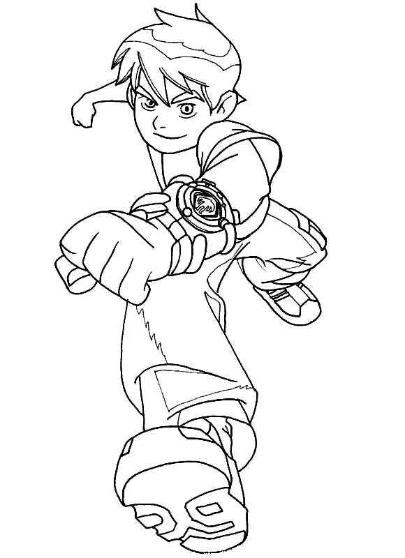 Desenho de contorno do Ben 10 em pose de salto e ataque, projetando o punho à frente e mostrando o símbolo do Chama no relógio Omnitrix.