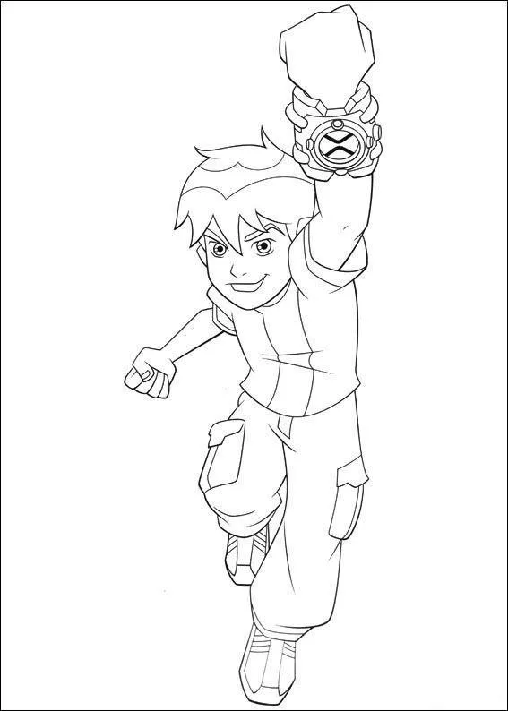 Desenho de contorno do Ben 10 correndo para frente com o punho esquerdo erguido, exibindo o relógio Omnitrix em destaque.