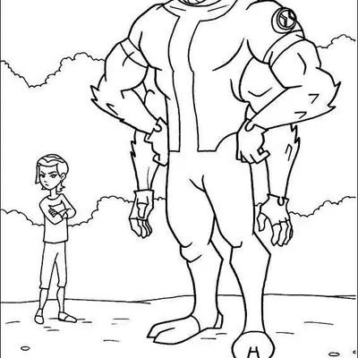 Desenho de contorno do alienígena Quatro Braços em pé com as mãos na cintura ao lado da Gwen Tennyson, que está com os braços cruzados.