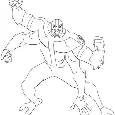Desenho de contorno do alienígena Quatro Braços do Ben 10, mostrando seus quatro braços musculosos, punhos cerrados e expressão feroz de combate.