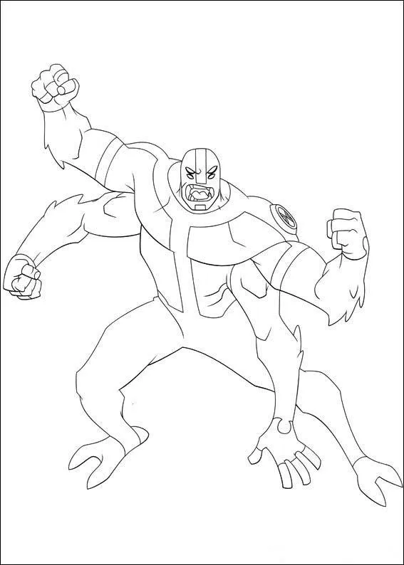 Desenho de contorno do alienígena Quatro Braços do Ben 10, mostrando seus quatro braços musculosos, punhos cerrados e expressão feroz de combate.