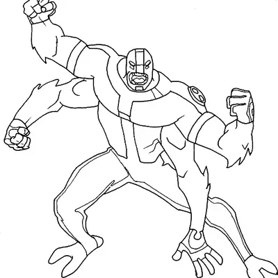 Desenho de contorno do alienígena Quatro Braços do Ben 10 em pose de ataque, mostrando seus quatro braços musculosos e expressão feroz.