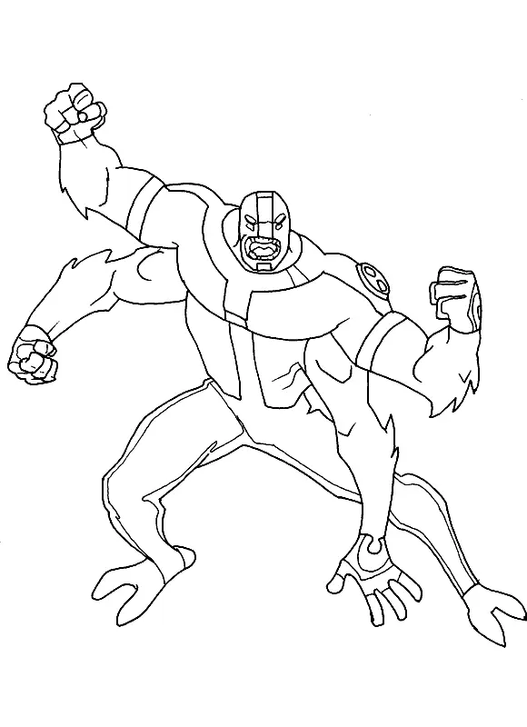 Desenho de contorno do alienígena Quatro Braços do Ben 10 em pose de ataque, mostrando seus quatro braços musculosos e expressão feroz.