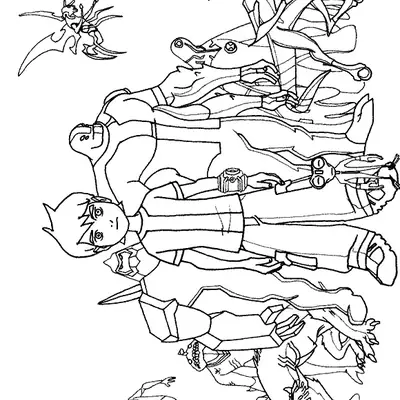 Desenho de contorno do Ben 10 no centro, rodeado por todos os seus dez alienígenas originais: Chama, Quatro Braços, Diamante, XLR8, Besta, Massa Cinzenta, Insectoide, Aquático, Ultra T e Fantasmático.