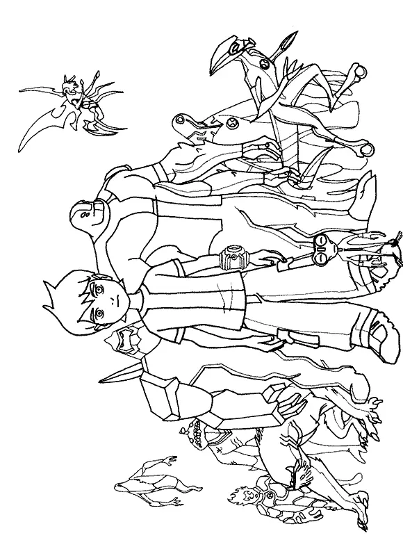 Desenho de contorno do Ben 10 no centro, rodeado por todos os seus dez alienígenas originais: Chama, Quatro Braços, Diamante, XLR8, Besta, Massa Cinzenta, Insectoide, Aquático, Ultra T e Fantasmático.