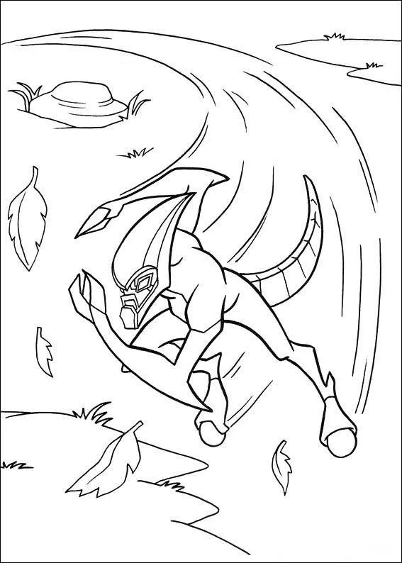 Desenho de contorno do alienígena XLR8 do Ben 10 em pose de corrida rápida, com linhas de movimento e folhas voando ao redor.