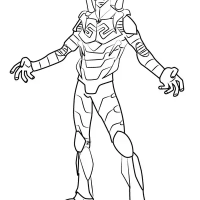 Desenho de contorno do herói Besouro Azul (Jaime Reyes) em pé, mostrando as placas da armadura, a máscara detalhada e as pinças do escaravelho nas costas.